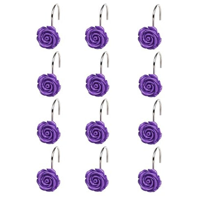 Twofish Home Purple Rose Flower Shower Curtain Hooks Anti Rust Shower Curtain Hooks Decorative Resin Purple Rose Flower Shower Curtain Rings Set of 12 - color: Purple Rose