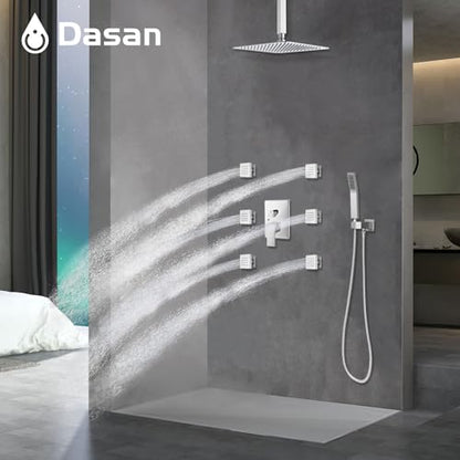 DASAN Full Body Shower System with 6 PCS Body Spray Jets & 12'' Rain Shower Head & Handheld, Ceiling Mount Rain Shower System Polished Chrome Shower Faucets Sets Complete with Valve, SA-SS03ACH-S12C - color: Chrome
