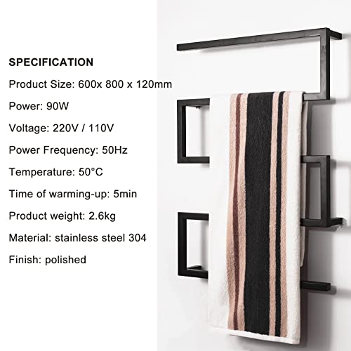 Wall Mounted Heated Towel Rack, Electric Towel Warmer, Stainless Steel Towel Warmer Rack with 5 Bars, Towel Drying Rack for Bathroom, Black