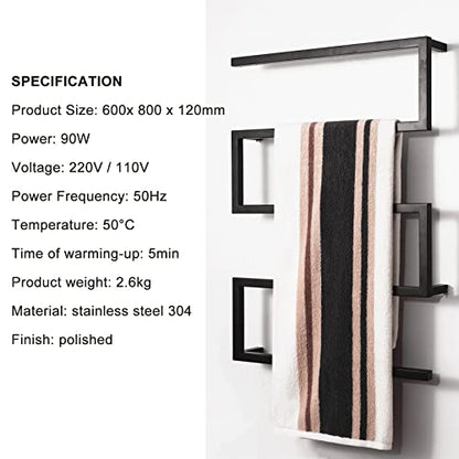 Wall Mounted Heated Towel Rack, Electric Towel Warmer, Stainless Steel Towel Warmer Rack with 5 Bars, Towel Drying Rack for Bathroom, Black