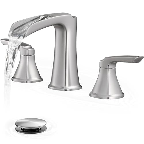 Brushed Nickel Bathroom Faucets, Brass Widespread Waterfall Faucet for Bathroom Sink, 3 Hole Bathroom Sink Faucet, 8 Inch 2 Handle Bathroom Vanity Faucets with Pop-up Drain for Lavatory RV - color: Brushed Nickel