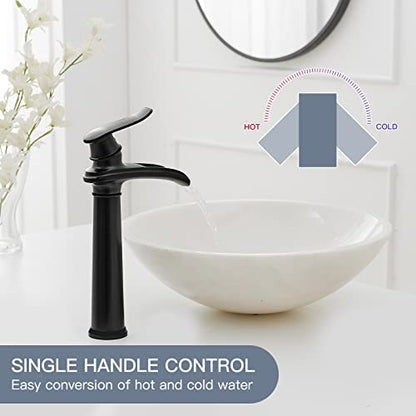 BWE Vessel Sink Faucet Waterfall Matte Black Bathroom Faucets Single Hole | Single Handle Bathroom Sink Faucet Tall Vessel Brass Faucet with Pop Up Drain and Water Supply Line,Solid Brass - color: Matte Black, size: 11.81 inch Vessel Version