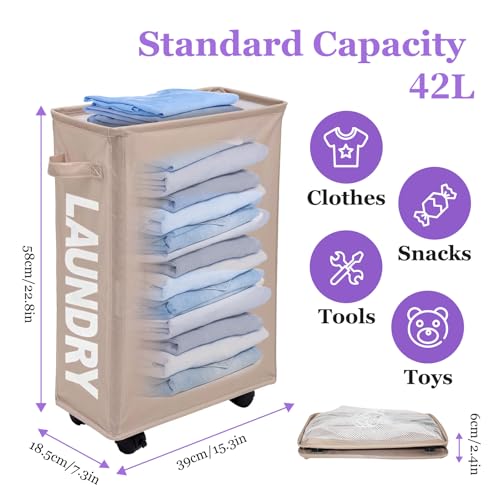 Slim Rolling Laundry Hamper with Wheels, 42L Collapsible Narrow Laundry Basket with Drawstring Mesh Cover, Foldable Dirty Clothes Organizer for Bathroom, Dorm, Small Spaces, Khaki - color: Khaki