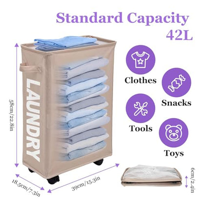 Slim Rolling Laundry Hamper with Wheels, 42L Collapsible Narrow Laundry Basket with Drawstring Mesh Cover, Foldable Dirty Clothes Organizer for Bathroom, Dorm, Small Spaces, Khaki - color: Khaki