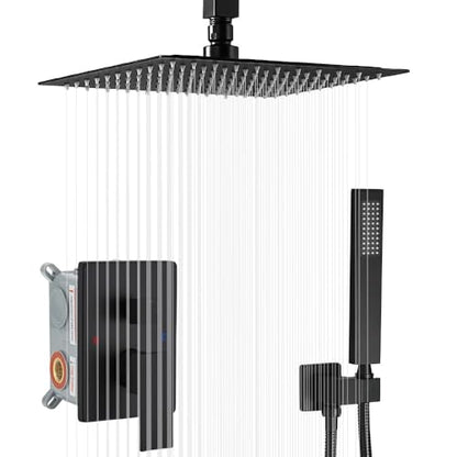Shower System Matte Black Bathroom 10 Inch Rain Shower Head Ceiling Mount with Handheld Luxury High Pressure Shower Combo Set Shower Faucet Rough-in Valve Body and Trim Kit - color: Matte Black, size: 10 Inch