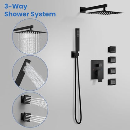 gotonovo Rainfall Shower System with Full Body Jets 4pcs Matte Black | 12’’ Rainfall Shower Head with Handheld Spray Combo,Wall Mount,Rough-in Valve and Trim Kit,Brass Body Message Jets,All Metal - color: Black