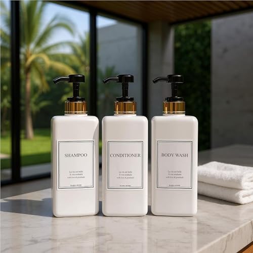 Modern Gold Design Shampoo and Conditioner Dispenser - Large 27oz Shower Soap Dispenser, Set of 3 Refillable Empty Plastic Pump Bottles for Bathroom and Body Wash (6 Waterproof Labels Included), Black - color: Black