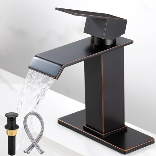Antique Waterfall Bathroom Sink Faucet, Single Handle, 1 or 3 Hole, SUS304 Stainless Steel, Pop-Up Drain & Supply Hoses Included – Oil Rubbed Bronze - color: Oil Rubbed Bronze, size: Short