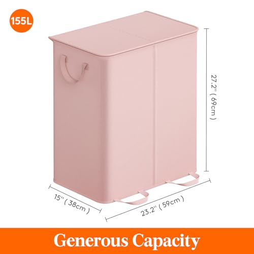 Lifewit Double Laundry Hamper with Lid and Removable Laundry Bags, Large Collapsible 2 Dividers Dirty Clothes Basket with Handles for Bedroom Laundry Room Closet Bathroom College, 155L Pink - color: Pink, size: 155L