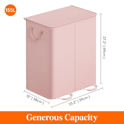 Lifewit Double Laundry Hamper with Lid and Removable Laundry Bags, Large Collapsible 2 Dividers Dirty Clothes Basket with Handles for Bedroom Laundry Room Closet Bathroom College, 155L Pink - color: Pink, size: 155L