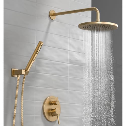 Lava Odoro Champagne Gold Rain Shower System Faucet Set, SF104-CB | 2-Setting Round Shower Valve Trim Kit, Gold Shower Head Set with Sprayer, 10 Inch, Rough-in Valve Included - color: Champagne Gold, style: Without Tub Spout