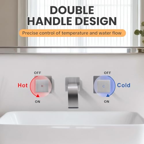 ALEASHA Wall-Mounted Bathroom Sink Faucet, Brushed Nickel Bathroom Faucet | Waterfall Bathroom Faucet with Two Handles, Brass Bathroom Sink Faucet, Wall-Mounted Washroom Faucets and Rough-in Valve - color: Brushed Nickel