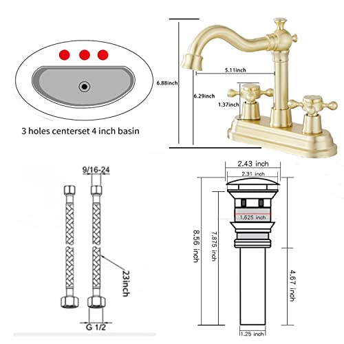 Bathroom Faucet Brushed Gold GGStudy 2 Handles 4 Inches Centerset Bathroom Vanity with Drain Assembly and Supply Hose Lavatory Mixer Double Handle Tap - color: Brushed Gold, style: Metal Cover