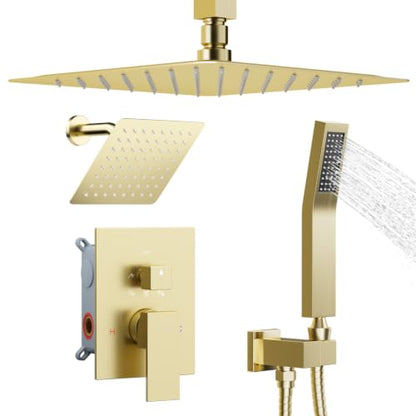 STARBATH Shower Faucet Set Shower System with Diverter Valve, Brushed Gold | 12 Inch Ceiling Mount Rain Shower Head, 6 Inch Wall Mount Rainfall Shower Head and Handheld Spray for Two Person - color: Gold, size: 12"+6"-02