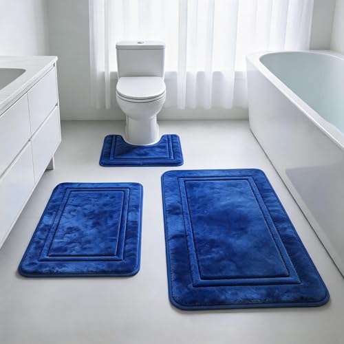 Bathroom Rugs Set Memory Foam Mats Non-Slip Bath Rug Set 3 Piece,Washable Bathroom Mats,Absorbent Shaggy Rug Super Soft U-Shaped Toilet Rug, Bordered Mat Decor for Bathroom,Tub,Shower（Royal Blue） - color: Royal Blue