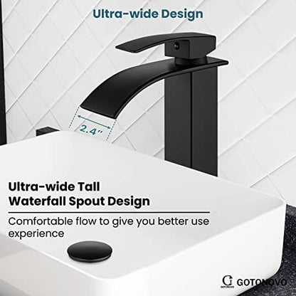 gotonovo Waterfall Tall Bathroom Faucet 1 Hole No Drain, Matte Black | Modern Vessel Sink Faucet Single Handle 304 Stainless Steel,24” cUPC Supply Hoses,for Bowl Basin Lavatory Vanity Restroom RV - color: Black