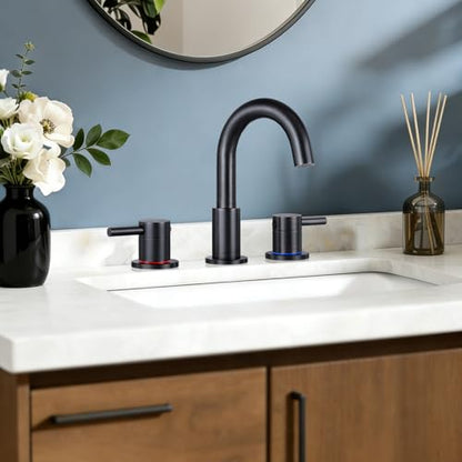 FGKQ 3-Hole 2-Handle Widespread Bathroom Sink Faucet, Oil Rubbed Bronze | Stainless steel, pop-up drain included, 360°swivel spout, for vanity sink 3-hole mount, 8-in widespread - color: Oil Rubbed Bronze