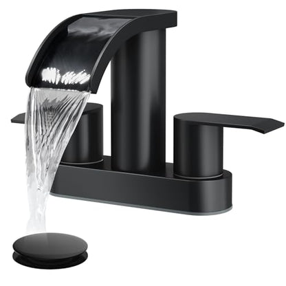 gotonovo 4’’ Centerset Bathroom Sink Faucet Waterfall Matte Black | SUS304 Bathroom Faucet,2.17’’ Wide Spout,24’’ cUPC Water Line,Pop up Drain,2 Handle,Basin,Vanity,RV,Lavatory 2 or 3 Hole Sink - color: Black