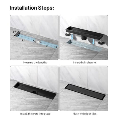 Linear Shower Drain, 304 Stainless Steel with Adjustable Leveling Feet, Hair Strainer,Reversely Install Place to Create an Invisible Floor Drain - Black -18-Inch - color: Matte Black, size: 18inch