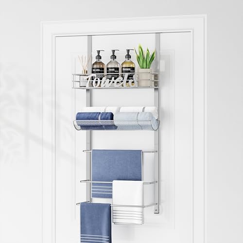 SWTYMIKI Over the Door Towel Racks for Bathroom - 5-Tier Wall Mounted Bathroom Towel Storage Organizer Holder with Metal Shelf, Sliver - color: Silver