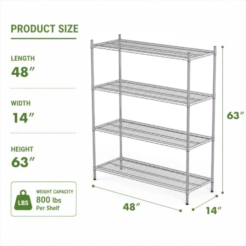 APLSS NSF 4-Tier Chrome Storage Shelves, 14"x48"x63", Dry Environments, Commercial Heavy Duty Steel Wire Shelving Unit, 800lbs Per Shelf, Kitchen Garage - color: Chrome, size: 14"x48"x63"