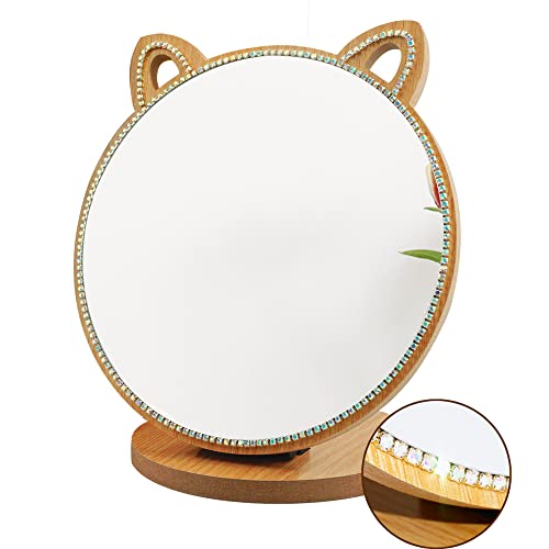 Vanity Makeup Mirror with Crystal Rhinestone Girls Desk/Tabletop Mirror Cute cat Shape for Counter top in Bedroom/Bathroom (6.7")