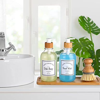 Zopeal 4 Pcs 16 oz Kitchen Soap Dispenser Set with Bamboo Tray and Dish Brush Plastic Soap Dispenser Set with Waterproof Labels for Hand Dish Lotion(Transparent) - color: Transparent
