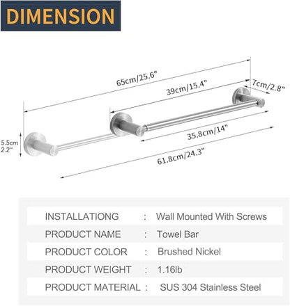 BESy Adjust Towel Bar Towel Racks for Bathroom Wall Mounted Brushed Nickel | Adjust 15" to 26" Rustproof, Stainless Steel Towel Holder, Wall Mounted for Bathroom Accessories, Heavy Duty, Space Saving - color: Brushed Nickel