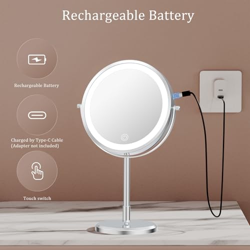 1X/10X Double Sided Travel Makeup Mirror with Lights, Chrome | 7" Lighted Makeup Mirror with Magnification for Traveling, Standing Alone, Rechargeable, Dimmable, 3 Lighting Colors, Silver