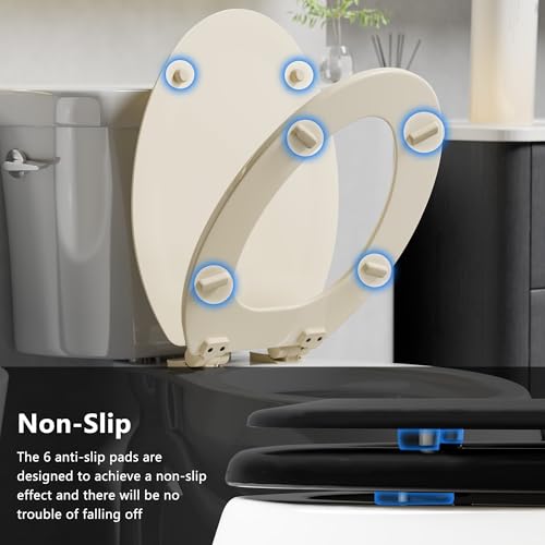 Angol Shiold Quiet-Close Molded Wood Toilet Seat with Non-Slip Adjustable Hinges, Anti-Pinch Bumpers, Easy Install & Clean（Bone, Elongated 18.5''） - color: Bone, size: Elongated 18.5‘’