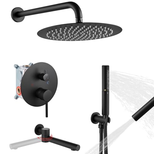 Airuida 3-Function Shower System with Tub Spout – Round Rainfall Shower Faucet Combo,Handheld Spray with 2 Functions,Includes Rough-In Valve with 360° Rotating Drain,12 Inch Shower Head,Matte Black - color: Matte Black, size: 12 Inch