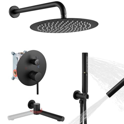 Airuida 3-Function Shower System with Tub Spout – Round Rainfall Shower Faucet Combo,Handheld Spray with 2 Functions,Includes Rough-In Valve with 360° Rotating Drain,12 Inch Shower Head,Matte Black - color: Matte Black, size: 12 Inch