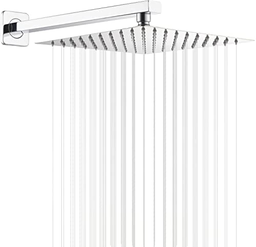 Chrome Rain Shower Head with Extension Arm 12 Inch Square Shower Head with 16 Inch Shower Arm Large Stainless Steel Rainfall Showerhead Waterfall Full Body Coverage by GGStudy - color: Chrome, size: 12inch