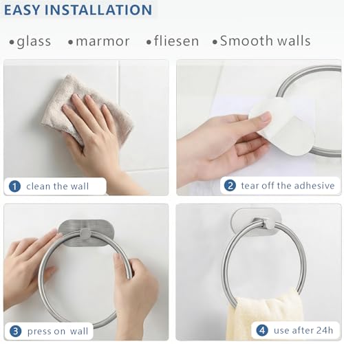 Self-Adhesive Towel Ring, No Drill Stainless Steel Round Hand Towel Holder, Rustproof Waterproof Towel Hanger with Strong Sticky Base, Wall-Mounted Towel Loop for Bathroom Kitchen (Brushed Nickel) - color: Brushed Nickel