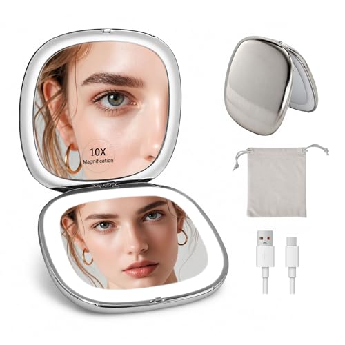 1X 10X Magnifying Compact Makeup Mirror, 3 Color Dimmable LED Lighted Travel Mirror, Double Sided 4" Portable Handheld Mirror, Rechargeable Small Makeup Vanity Mirror for Purse Pocket - Ideal Gift