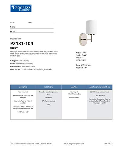 Progress Lighting P2131-104 Replay Bath & Vanity, 1-Light, Polished Nickel - color: Polished Nickel, size: 1-Light