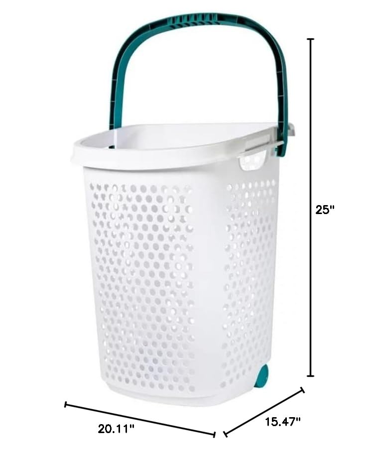 Wheeled Design Clothes Laundry Basket, 70.52 Liter Capacity Mind Reader Basket Collection, 2 Bushel Rolling Plastic Laundry Hamper with Pop-up Handle, White, Large