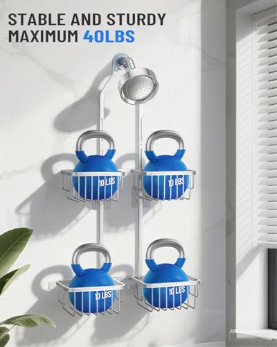 Adjustable Shower Caddy Hanging for Handheld Showerheads - Upgraded Never Rust Shower Hanging Organizer, Bathroom Shower Rack with Soap Basket, Hooks and Toothbrush Holder (Shiny Silver) - color: Shiny Silver