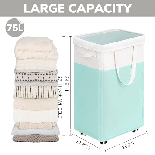 Goodpick Laundry Basket with Wheels, 75L Laundry Hamper with Wheels, Large Laundry Basket with Removable Wash Bag, Clothes Hamper for Laundry, Blue&White | Clothes Hamper with Removable Wash Bag for Laundry Room, Large Rolling Laundry Basket with Handles,