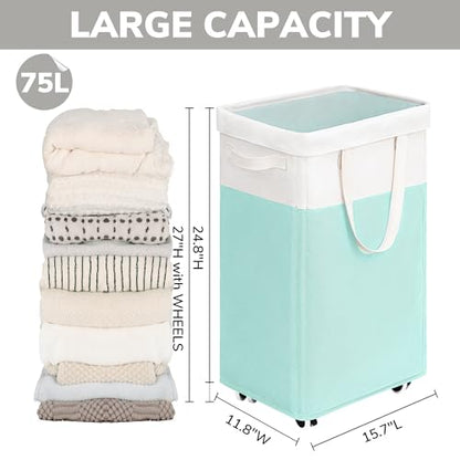 Goodpick Laundry Basket with Wheels, 75L Laundry Hamper with Wheels, Large Laundry Basket with Removable Wash Bag, Clothes Hamper for Laundry, Blue&White | Clothes Hamper with Removable Wash Bag for Laundry Room, Large Rolling Laundry Basket with Handles,