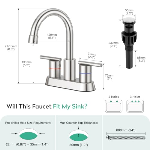 Faustina Brushed Bathroom Faucet, 4 Inch Centerset Faucets for Sink 2 Holes 3 Holes，Two Handles 304 Stainless Steel Bathroom Sink Faucet with Pup up Drain and 2 cUPC Water Supply Lines for RV Vanity - color: Brushed, style: Modern Centerset