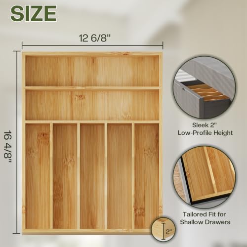 BAMEOS Bamboo Flatware Organizer 16.5×12.8 –Silverware Tray for Small Kitchen Drawers, 2" H Cutlery Holder | Forks, Spoons, Knives - size: 2''H 16x13