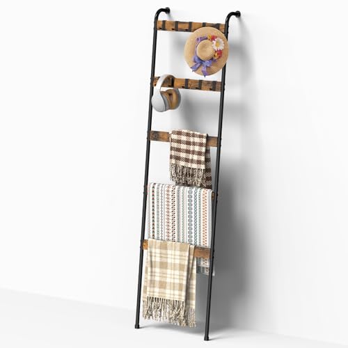 Wall Mounted Blanket Ladder 5-Tier Quilt Ladder, Rustic Brown and Black