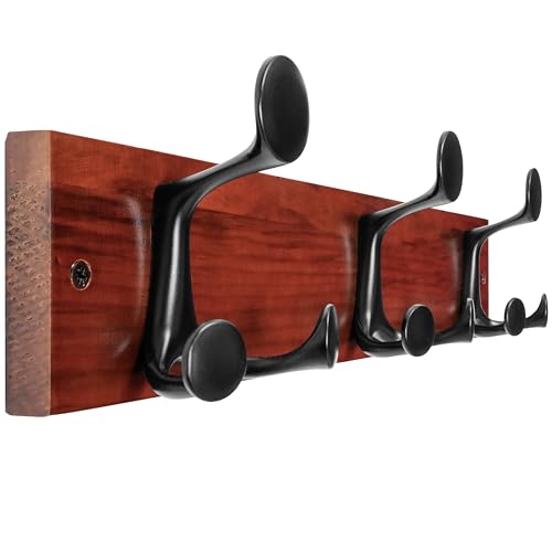 WEBI Coat Rack Wall Mount,17" Solid Wood Coat Hooks Wall Mounted Coat Hanger,16" Hole to Hole,Heavy Duty Hook Rack Rail,3 Triple Hooks for Hanging Coats,Jacket,Clothes,Hat,Backpack,Cherry - color: Cherry, size: 17 Inch