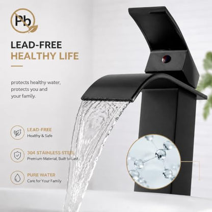 VOTON Vessel Sink Faucet Matte Black Modern Tall Waterfall Bathroom Sink Faucet with Pop-Up Drain Single Handle Bathroom Faucet 1 Hole Bowl Lavatory Vanity Faucet, Rv Sink Camper Farmhouse Faucet - color: Matte Black, size: Tall