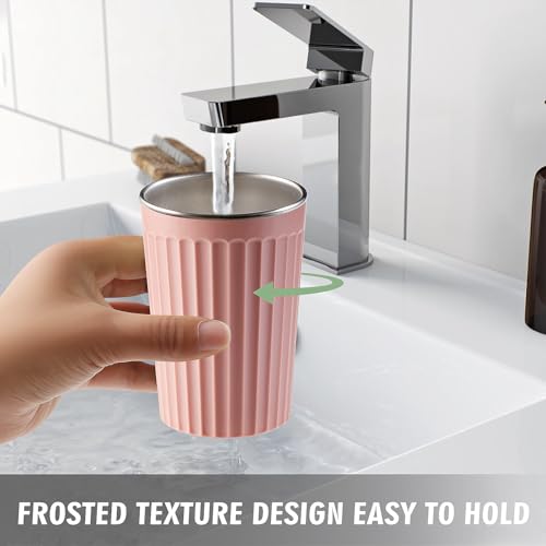 Toothbrush Cup Holder for Bathroom,Reusable Stainless Steel Bathroom Cup | 3"x4.5" Unbreakable Pink Bathroom Tumbler Cup ,300ml Easy To Clean Striated Mouthwash Cup - color: Pink