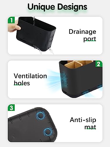 GFWARE Black Toothbrush Holder with Drainage, Bathroom Organizer, Large | 5 Slots Toothbrush and Toothpaste Holder with Bamboo Divider, Kids Electric Toothbrush Holder for Bathroom Sink Organize - color: Black-l