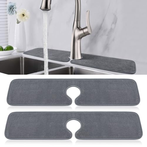 PoYang 2 Pack Faucet Mat for Kitchen Sink Splash Guard, Long 24x5.1 Inch | Super Absorbent Microfiber Faucet Mat, Catch Splashes and Drips, Machine Washable Sink Protectors for Kitchen, Bathroom & RV - size: 24" x 5.1"