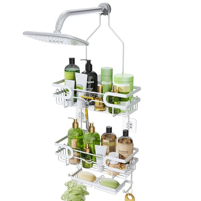HapiRm Bathroom Hanging Shower Caddy - Rustproof Shower Shelf with 12 Hooks and 2 Soap Holders, No Drilling Bathroom Organizers and Storage - White - color: White(Large)