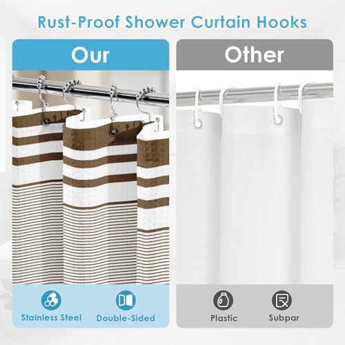 3 in 1 Shower Curtain and Liner,72 x 72 inch, Striped Brown | Blue Rustic Neutral Modern Double Layers Waterproof Fabric with See Through Top Window Open Grommet Bath Curtain - color: Brown Striped
